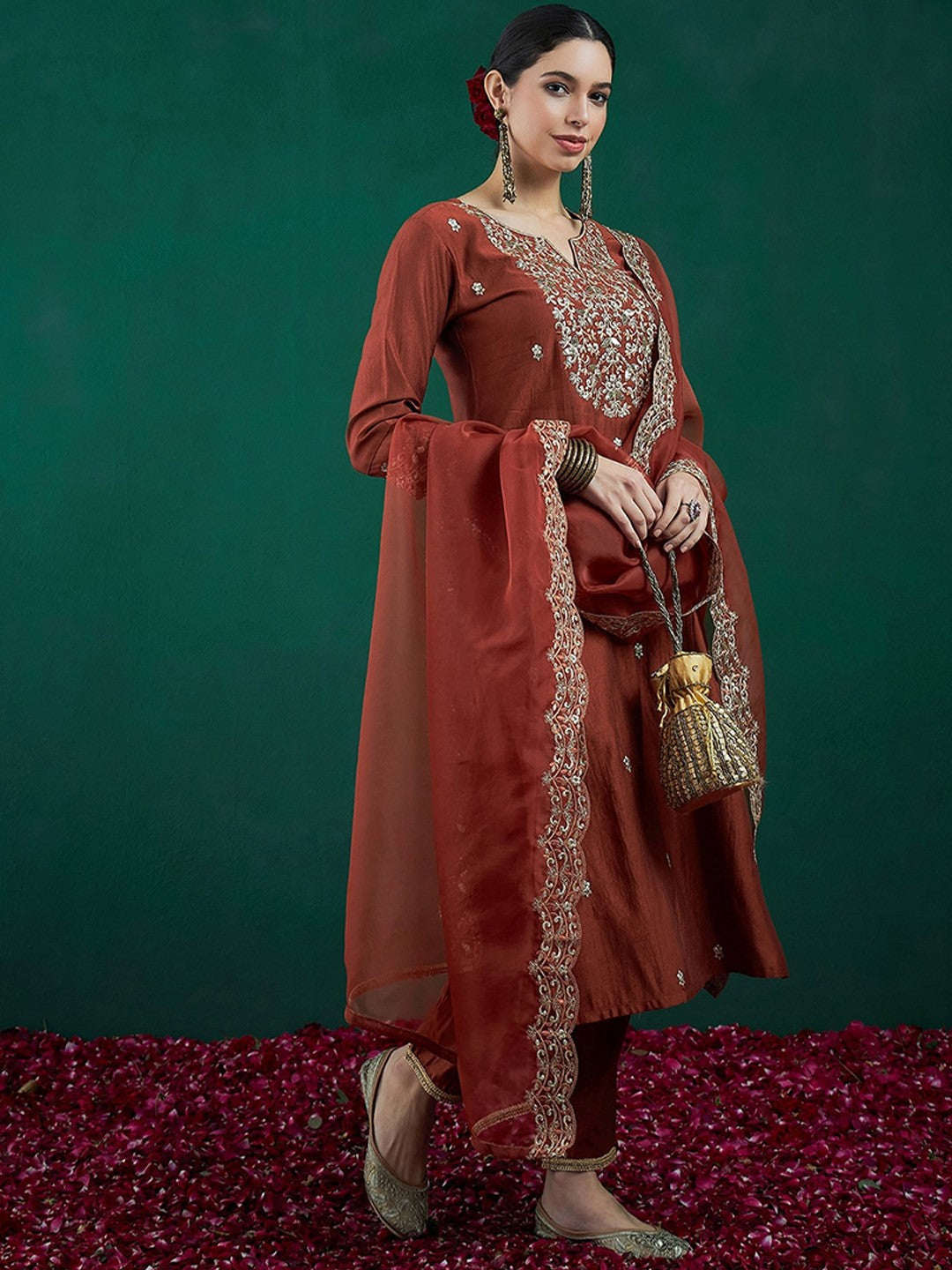 Ethnic Motifs Embroidered Regular Liva Zari Kurta With Trousers & Dupatta