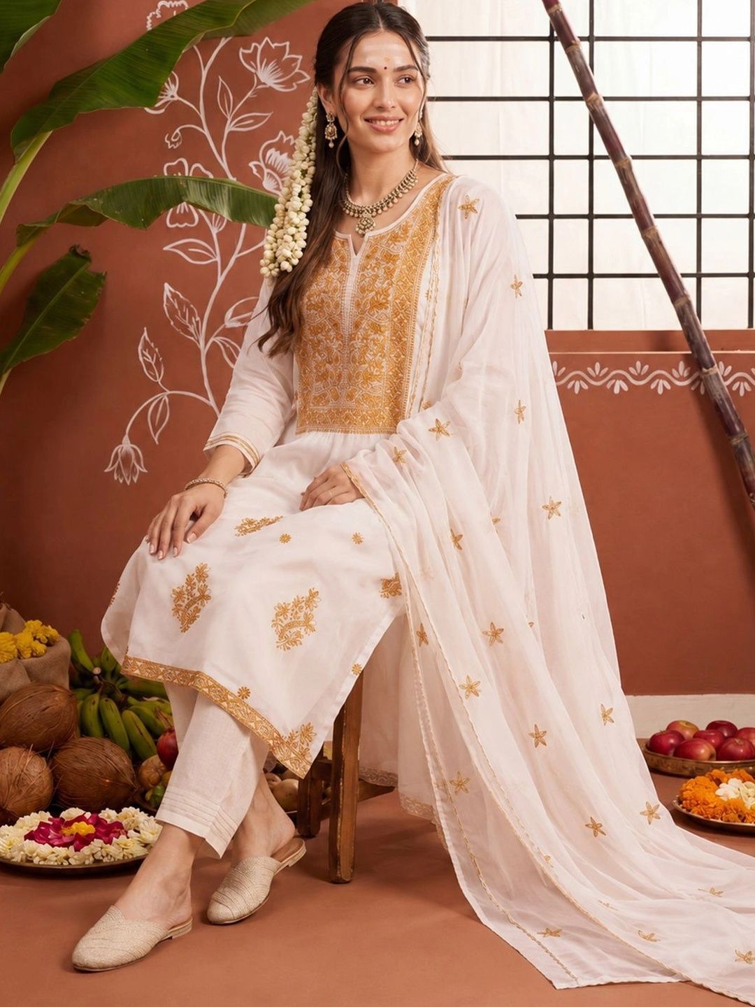 Women Ethnic Motifs Embroidered Regular Thread Work Kurta with Trousers & With Dupatta