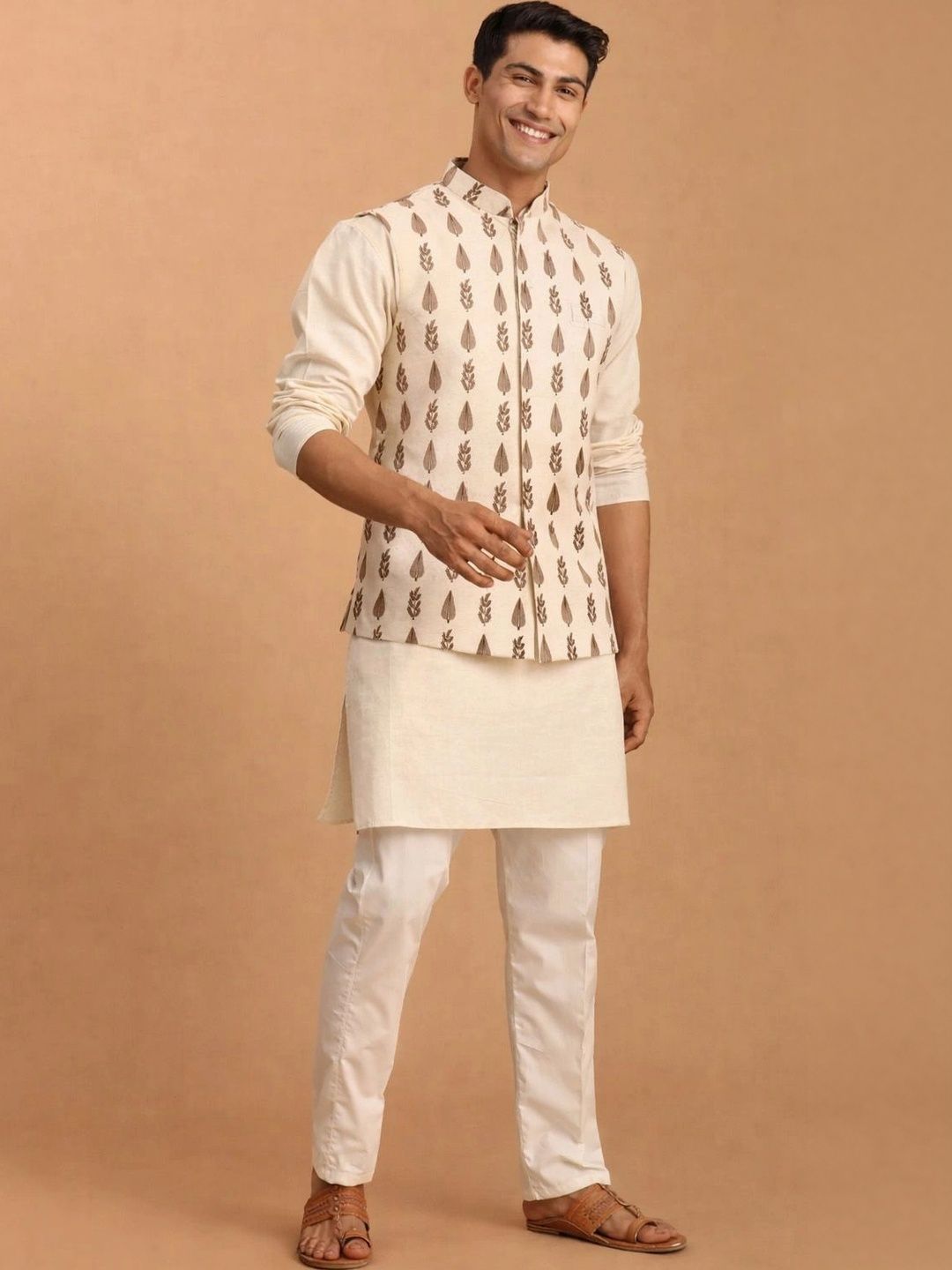 Men Pure Cotton Regular Mid-Length Kurta Set with Printed Nehru Jacket