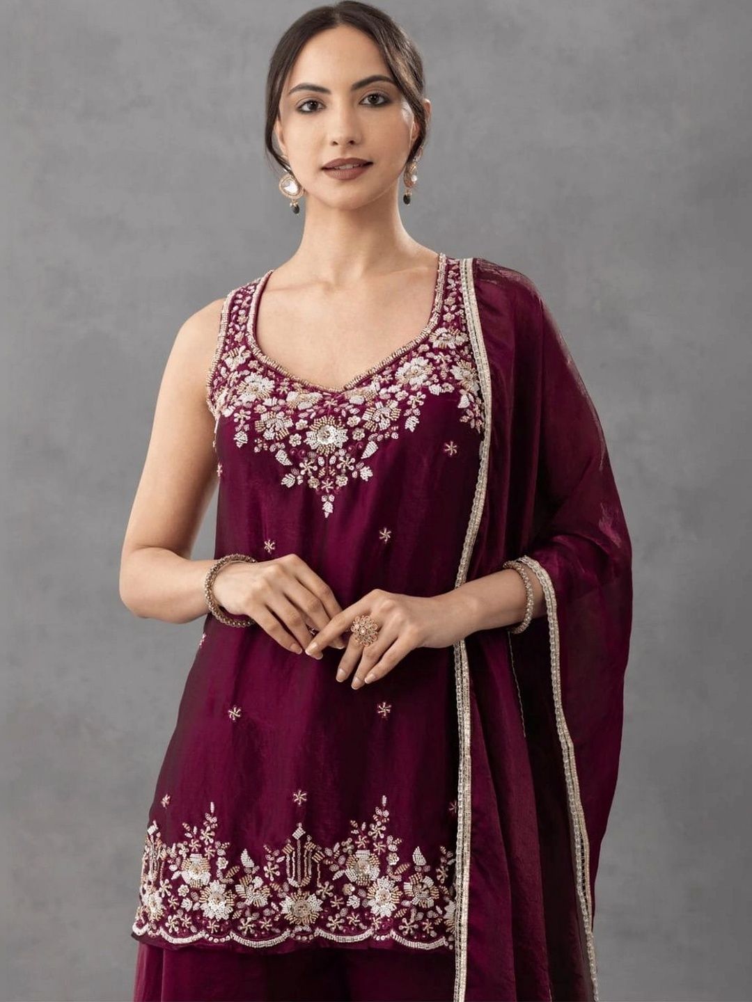 Women Ethnic Motifs Embroidered Regular Thread Work Kurta with Palazzos & With Dupatta