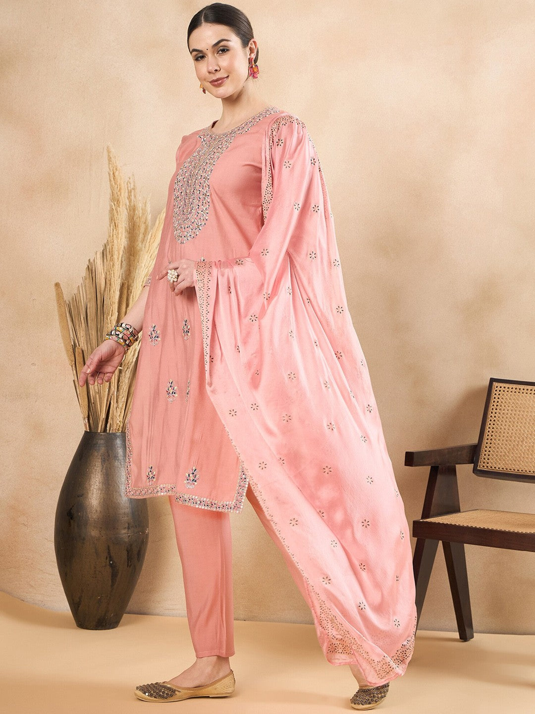 Peach-Coloured Floral Embroidered Regular Sequinned Kurta With Trousers & Dupatta