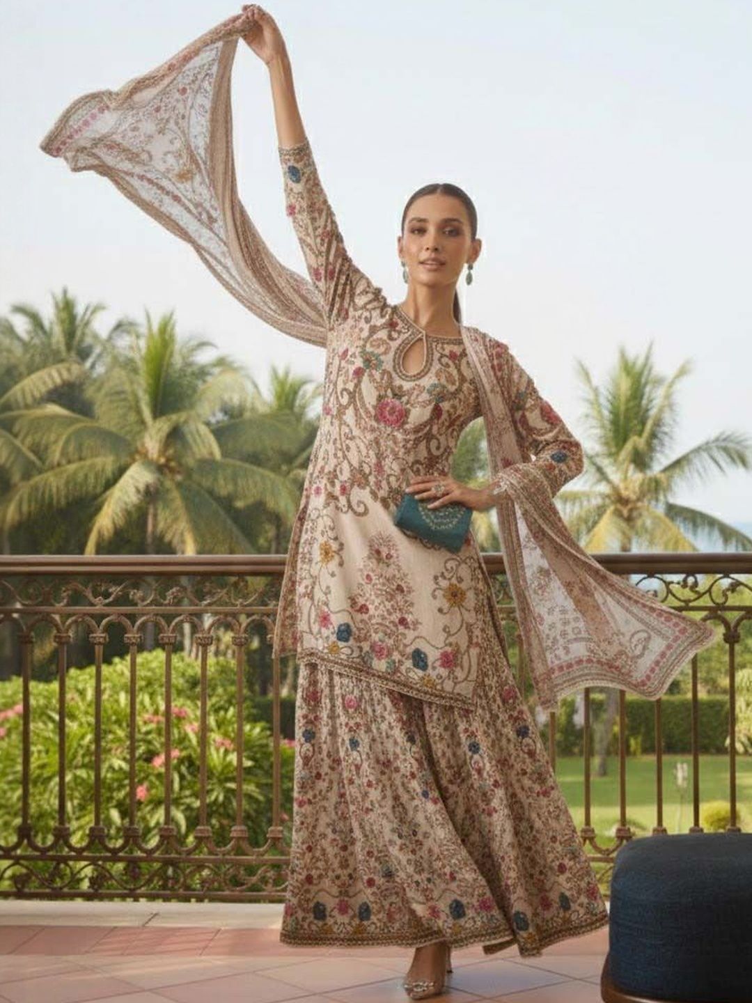 Women Floral Printed Regular Silk Crepe Kurta with Sharara & With Dupatta
