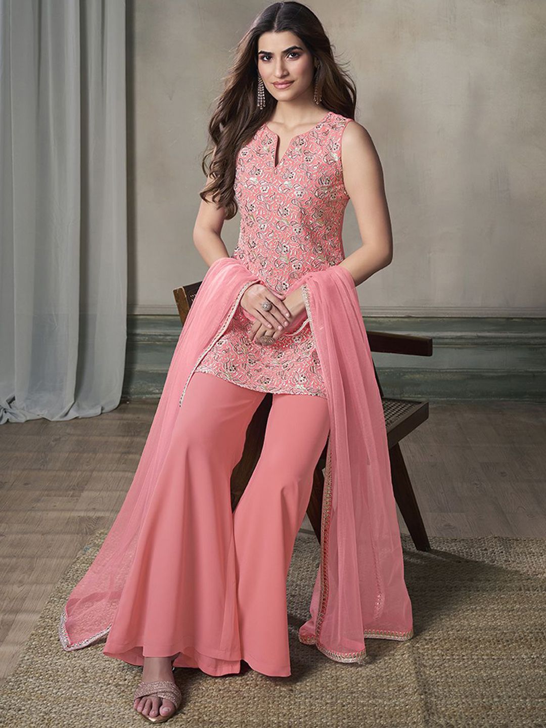 Paisley Embroidered Notch Neck Georgette Straight Kurta & Sharara with Dupatta