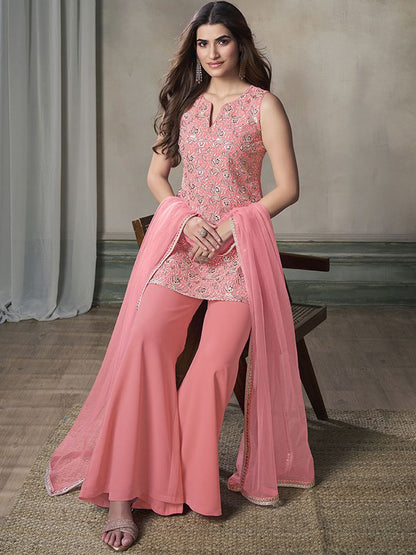 Paisley Embroidered Notch Neck Georgette Straight Kurta & Sharara with Dupatta
