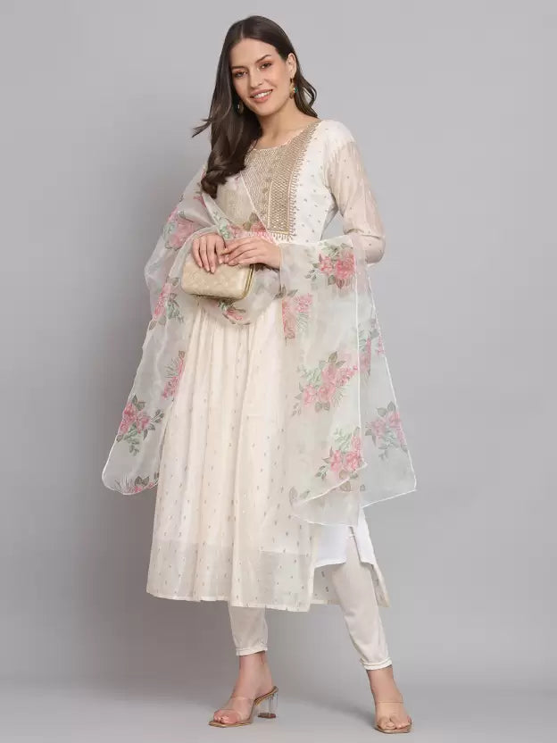 Women White Silk Blend Kurta Pant Dupatta Set