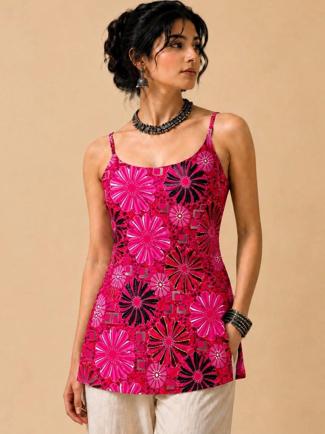 Women Ethnic Rayon Sleeveless Round Neck Backless Short Kurti