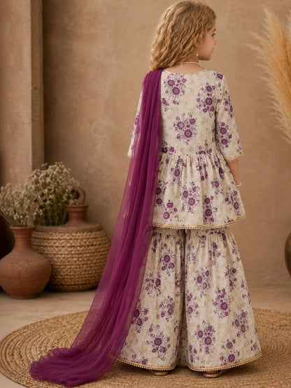 Girls Floral Printed Angrakha Pure Cotton Kurta with Sharara & With Dupatta