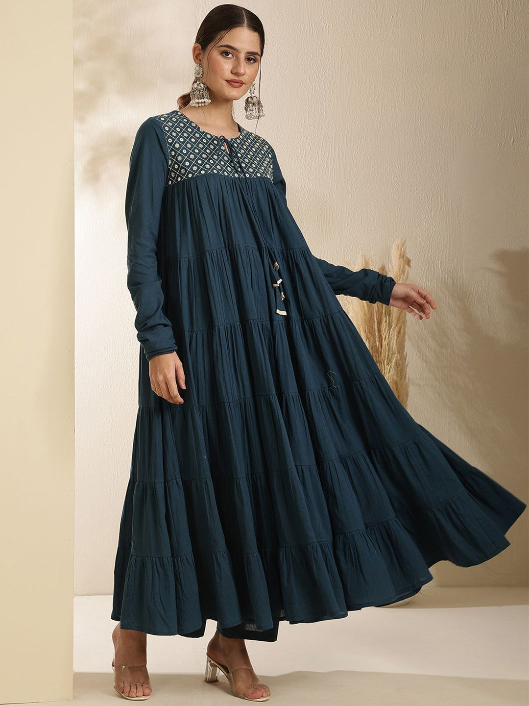 Women Floral Embroidered Cotton Anarkali Pleated Kurta with Trousers & Dupatta