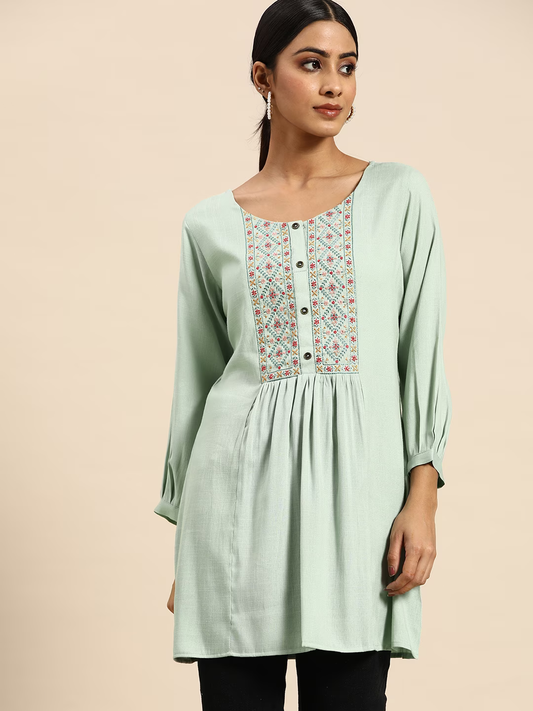 Sea Green Floral Embroidered Longline A-Line Top