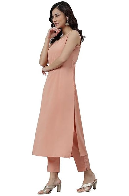 Women's Peach Poly Crepe Solid Kurta with Pant and Dupatta - Amy's Cart