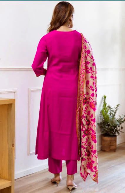 Women Silk Embroidery Kurta and Pant Set with Dupatta