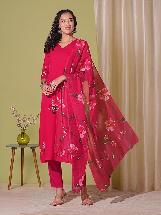 Women's Rayon Blend Straight Printed Kurta with Pant & Dupatta