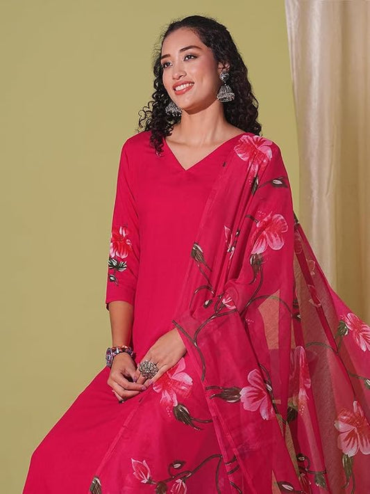Women's Rayon Blend Straight Printed Kurta with Pant & Dupatta