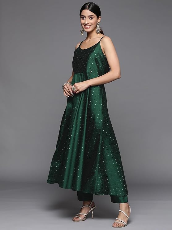 Women Green Anarkali Spaghetti Strap Kurta With Tonal Bottom & Dupatta