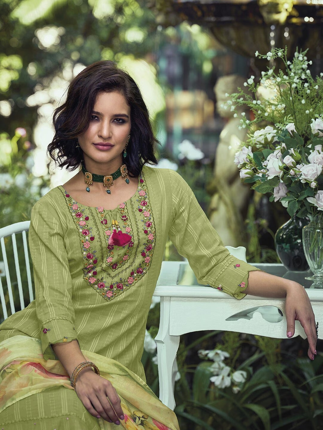 Green & Pink Floral Embroidered Pure Cotton Kurta With Trousers & Dupatta