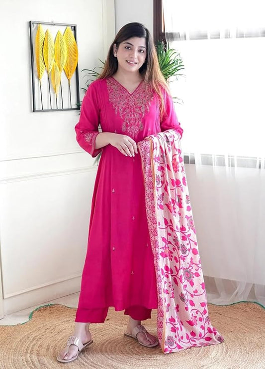 Women Silk Embroidery Kurta and Pant Set with Dupatta