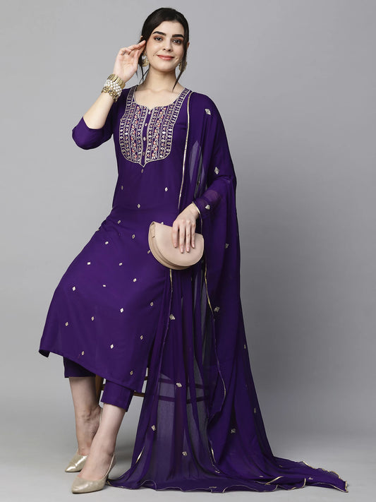 Women Cotton Blend Kurta Pant Dupatta Set