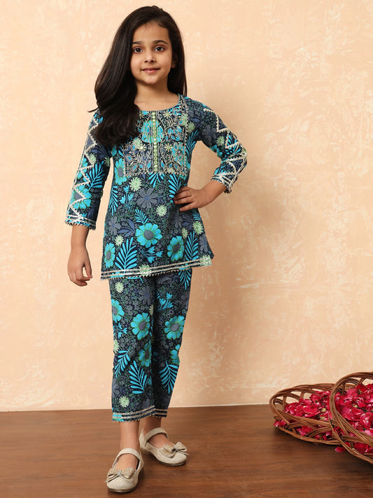 Girls Festive & Party Kurta and Pyjama Set  (Blue Pack of 1)
