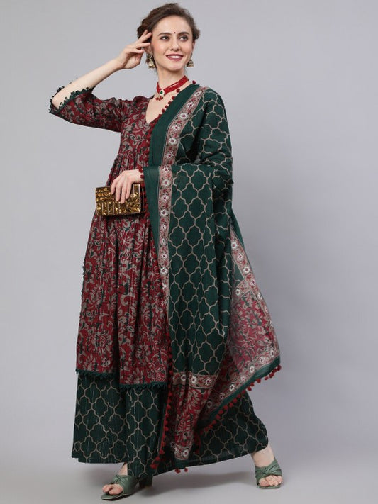 Floral Printed Empire Pure Cotton Kurta with Palazzos & Dupatta