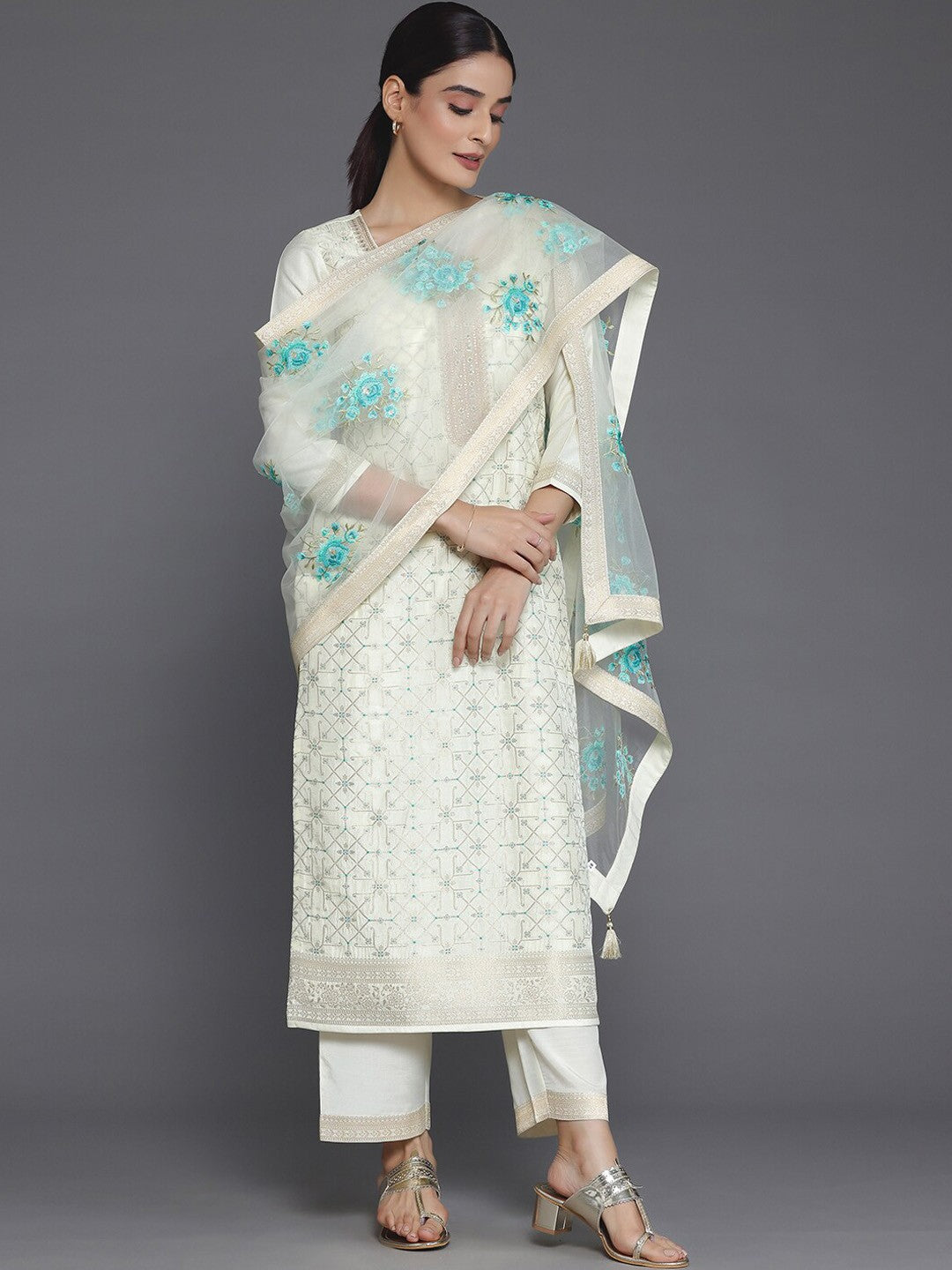 Cream Coloured Ethnic Woven Design Straight Kurta with Trousers & Dupatta