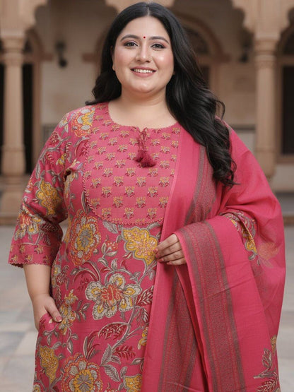 Women Floral Printed Regular Pure Cotton Kurta with Trousers & With Dupatta