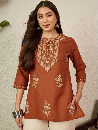 Women's Rust Embroidered Round Neck Fusion Wear Cotton Short Kurti