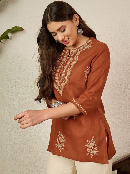 Women's Rust Embroidered Round Neck Fusion Wear Cotton Short Kurti
