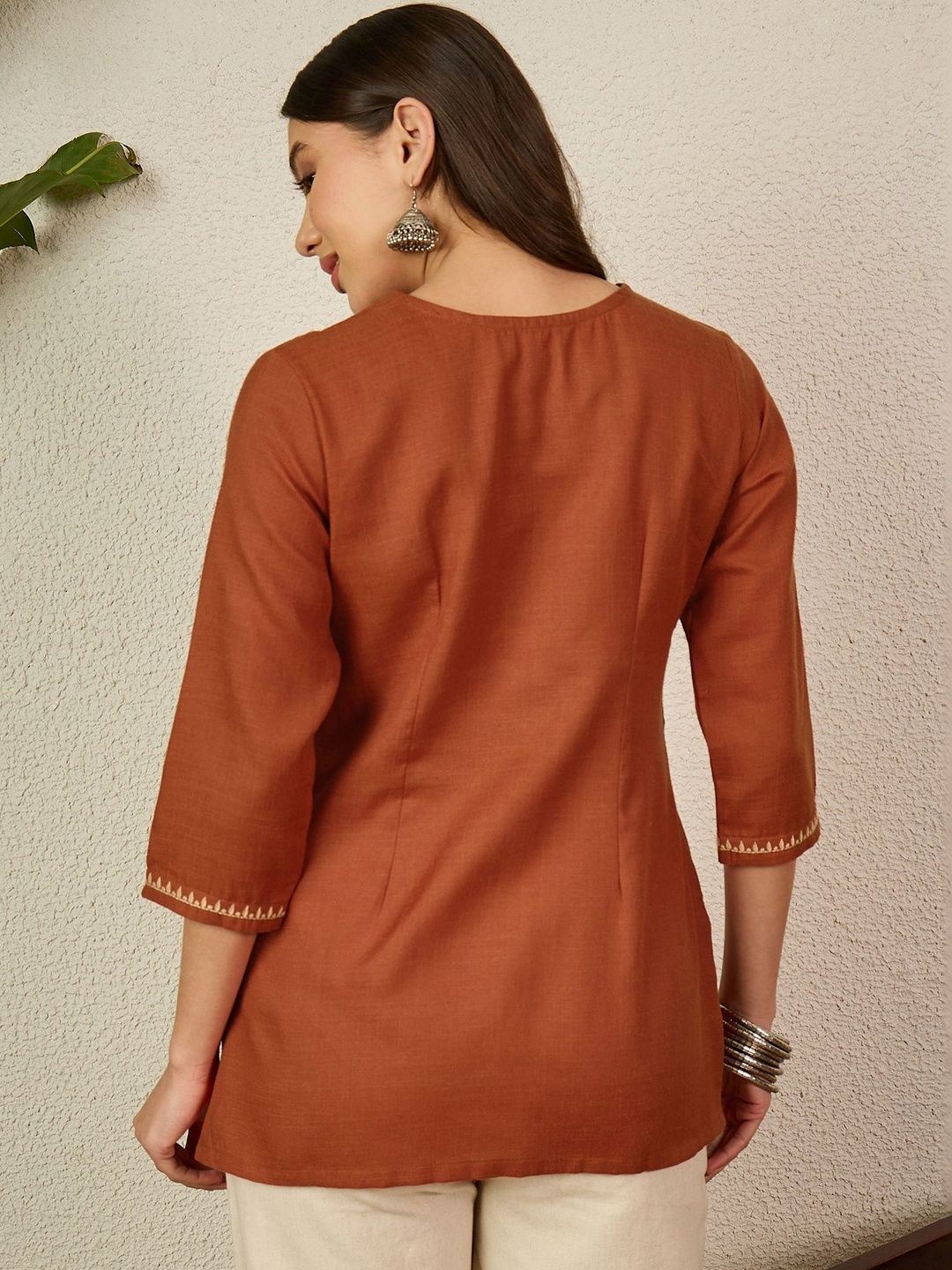 Women's Rust Embroidered Round Neck Fusion Wear Cotton Short Kurti