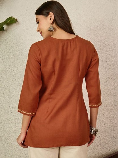 Women's Rust Embroidered Round Neck Fusion Wear Cotton Short Kurti