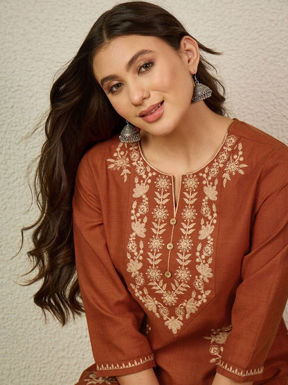 Women's Rust Embroidered Round Neck Fusion Wear Cotton Short Kurti