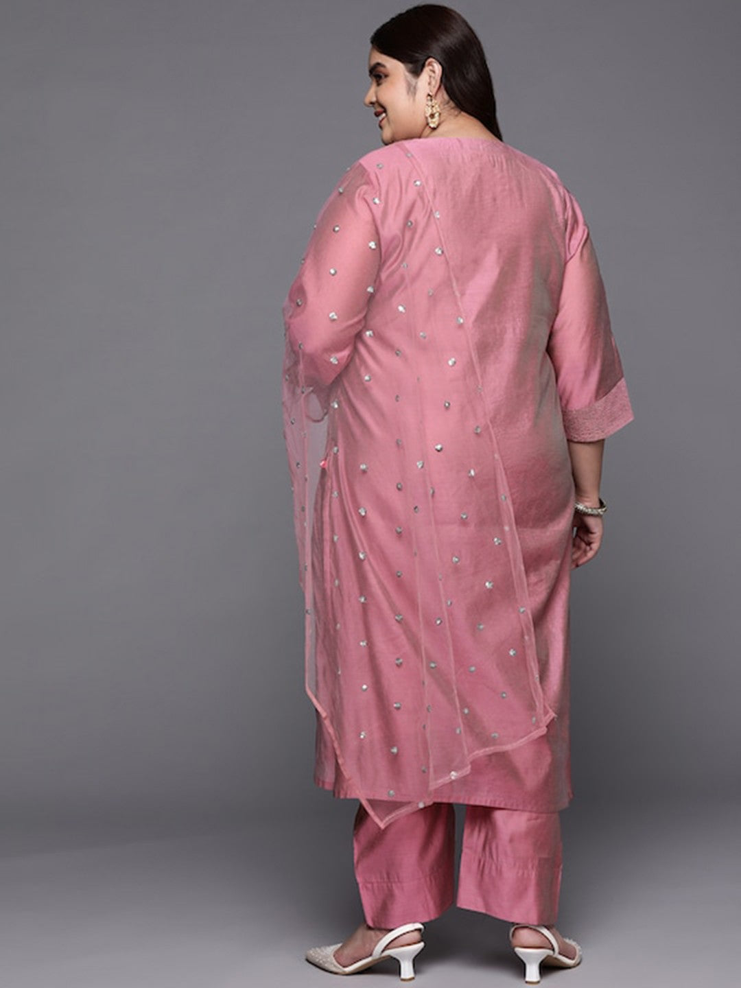 Plus Size Floral Embroidered Regular Chanderi Silk Kurta & Trousers With Dupatta