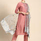 Women Pink & Blue Ethnic Motifs Embroidered Kurta with Trousers & With Dupatta