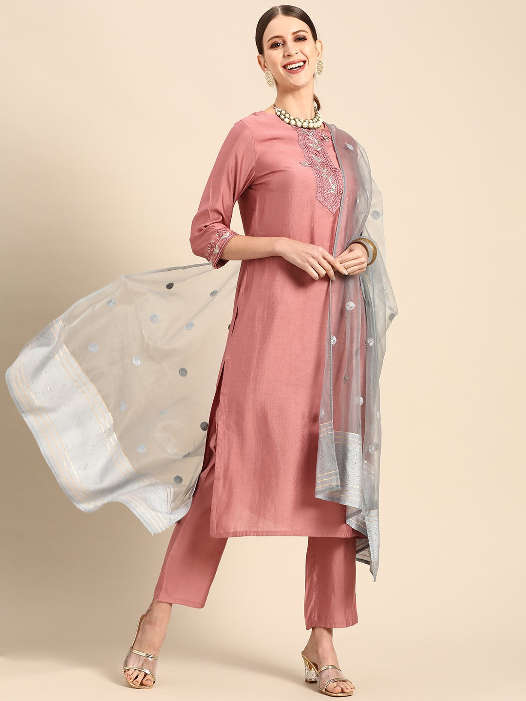 Women Pink & Blue Ethnic Motifs Embroidered Kurta with Trousers & With Dupatta