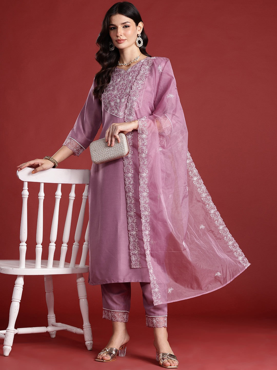 Floral Embroidered Thread Work Kurta with Trousers & Dupatta