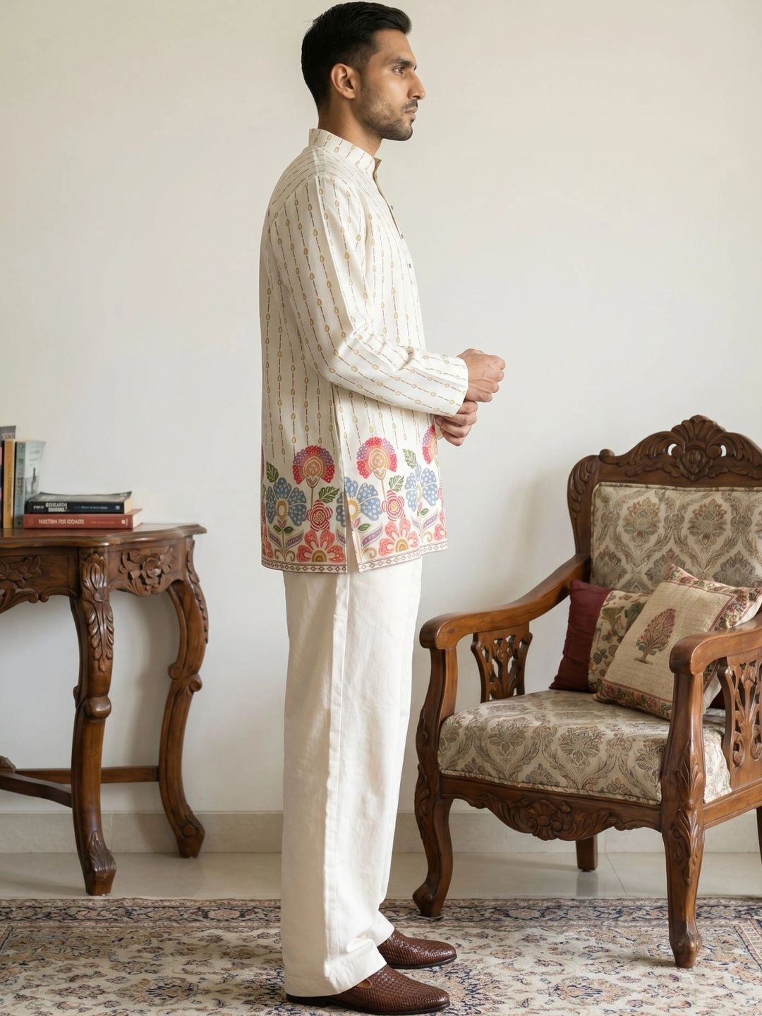Men's Floral Printed Short Kurta with Korean Pants
