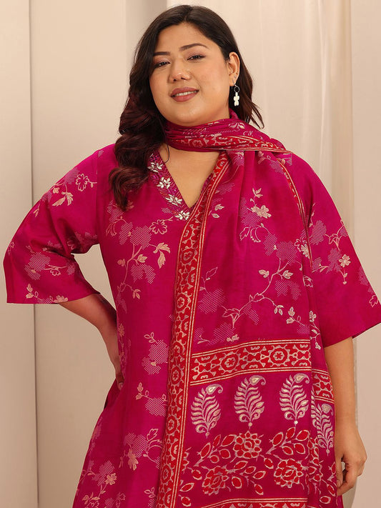 Plus Size Women Floral Printed Kurta with Trousers & With Dupatta