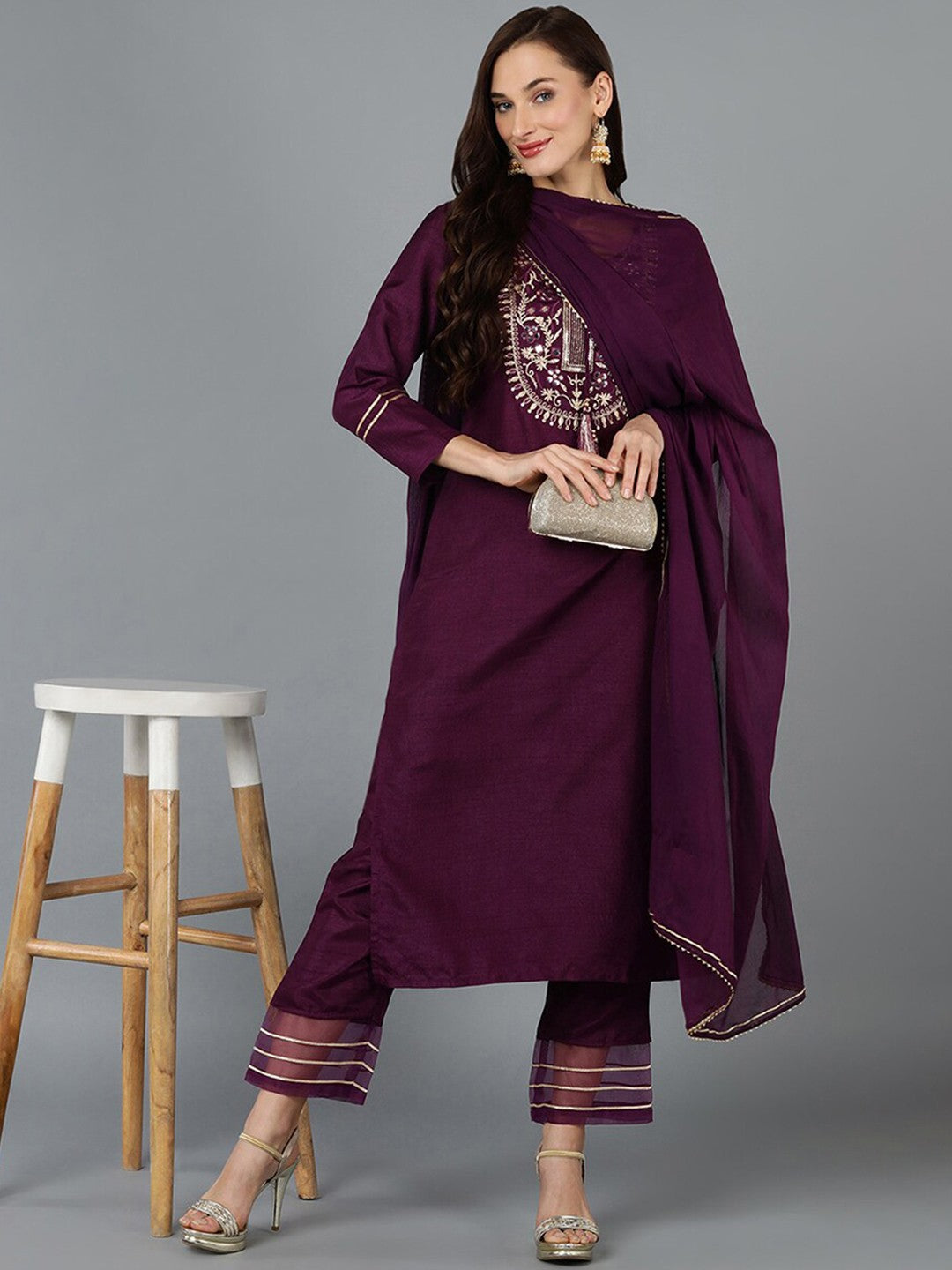 Floral Embroidered Regular Mirror Work Straight Kurta With Trousers & Dupatta