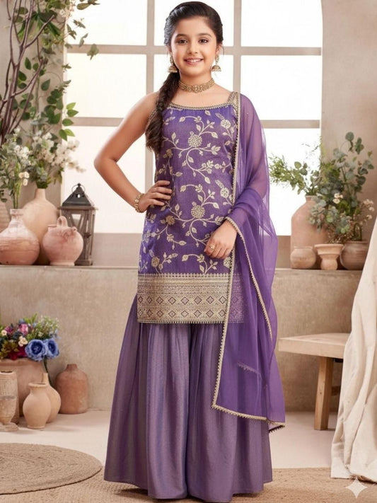Girls Ethnic Motifs Embroidered Regular Thread Work Kurta with Sharara & With Dupatta