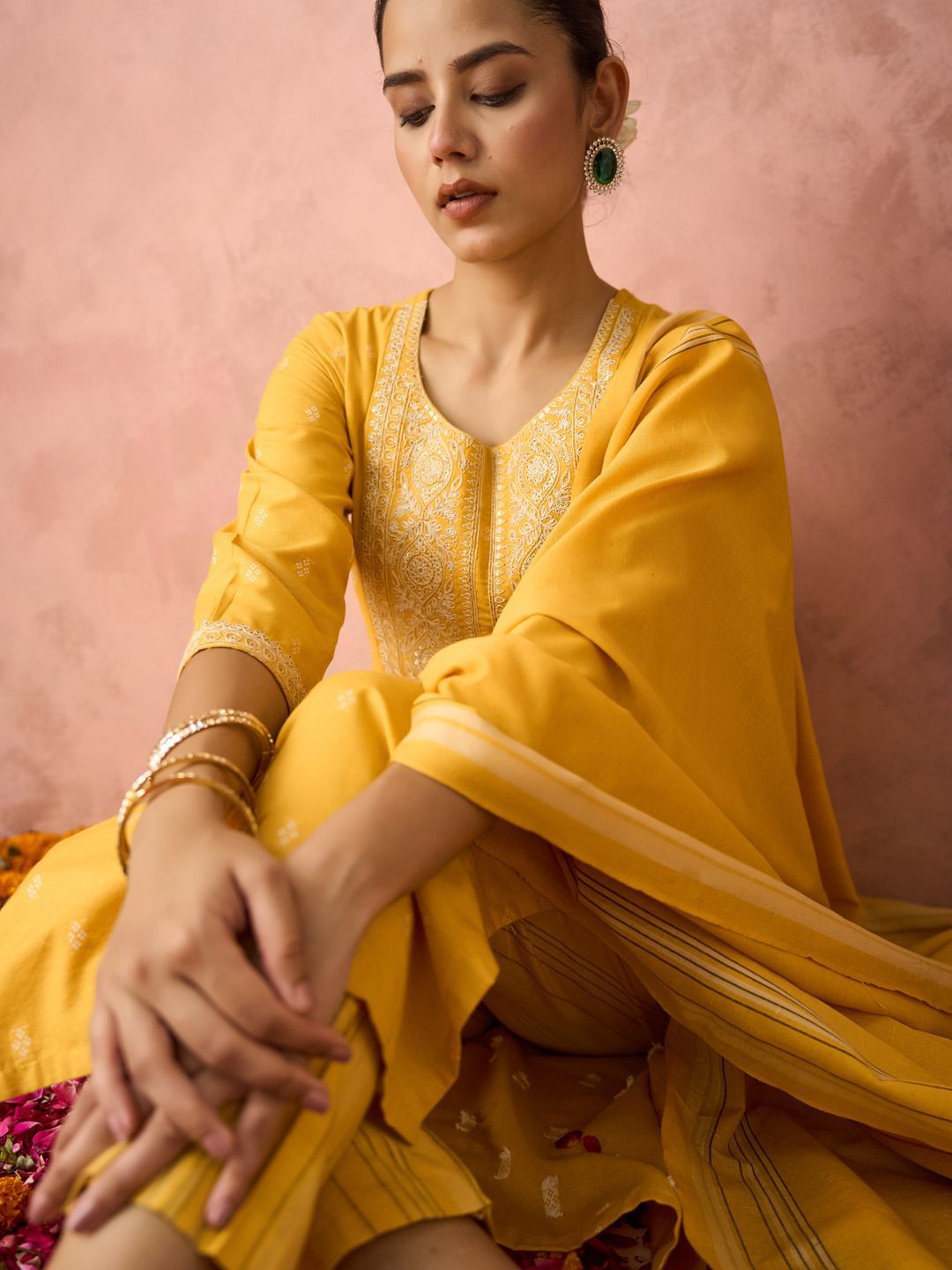 Woven Design Floral Embroidered Straight Kurta With Trouser And Dupatta