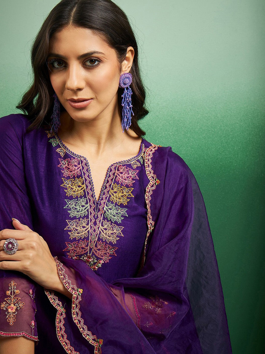 Embroidered Notch Neck Kurta With Plazzo & Dupatta