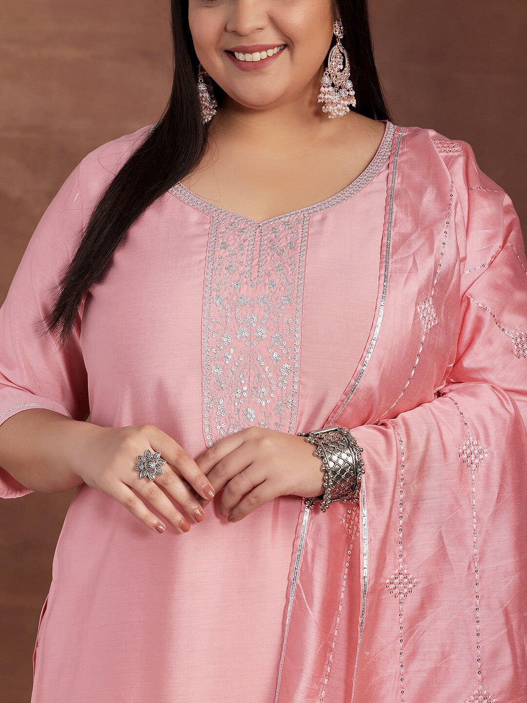 Plus Size Floral Yoke Design Sequinned Kurta with Trousers & Dupatta