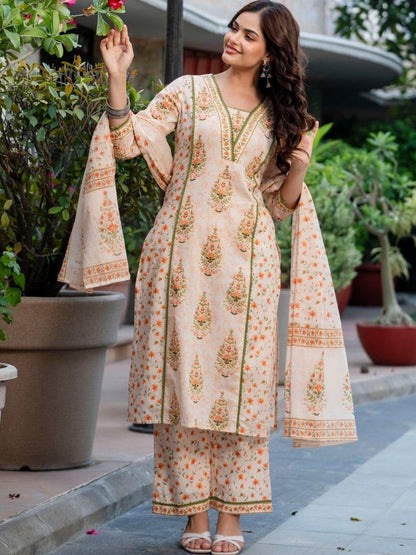 Women Floral Printed Regular Pure Cotton Kurta with Trousers & With Dupatta