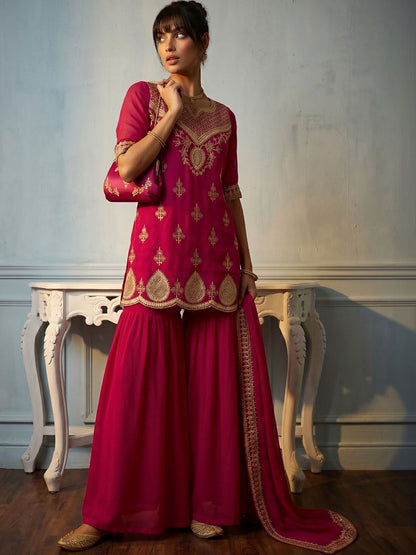 Women Ethnic Motifs Embroidered Regular Kurta with Sharara & With Dupatta