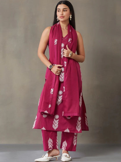 Women Ethnic Motifs Printed Regular Pure Cotton Kurta with Trousers & With Dupatta