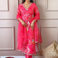 Floral Printed Thread Work Straight Kurta With Trousers & Dupatta