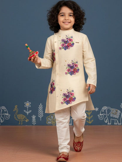 Boys Ethnic Motifs Printed Regular Dupion Silk Kurta with Pyjamas