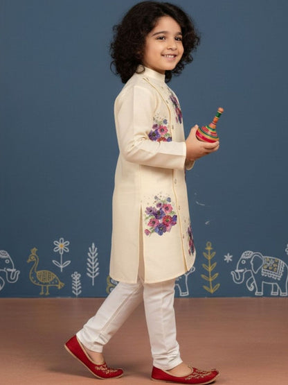 Boys Ethnic Motifs Printed Regular Dupion Silk Kurta with Pyjamas