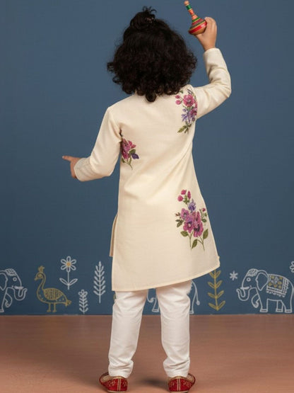Boys Ethnic Motifs Printed Regular Dupion Silk Kurta with Pyjamas