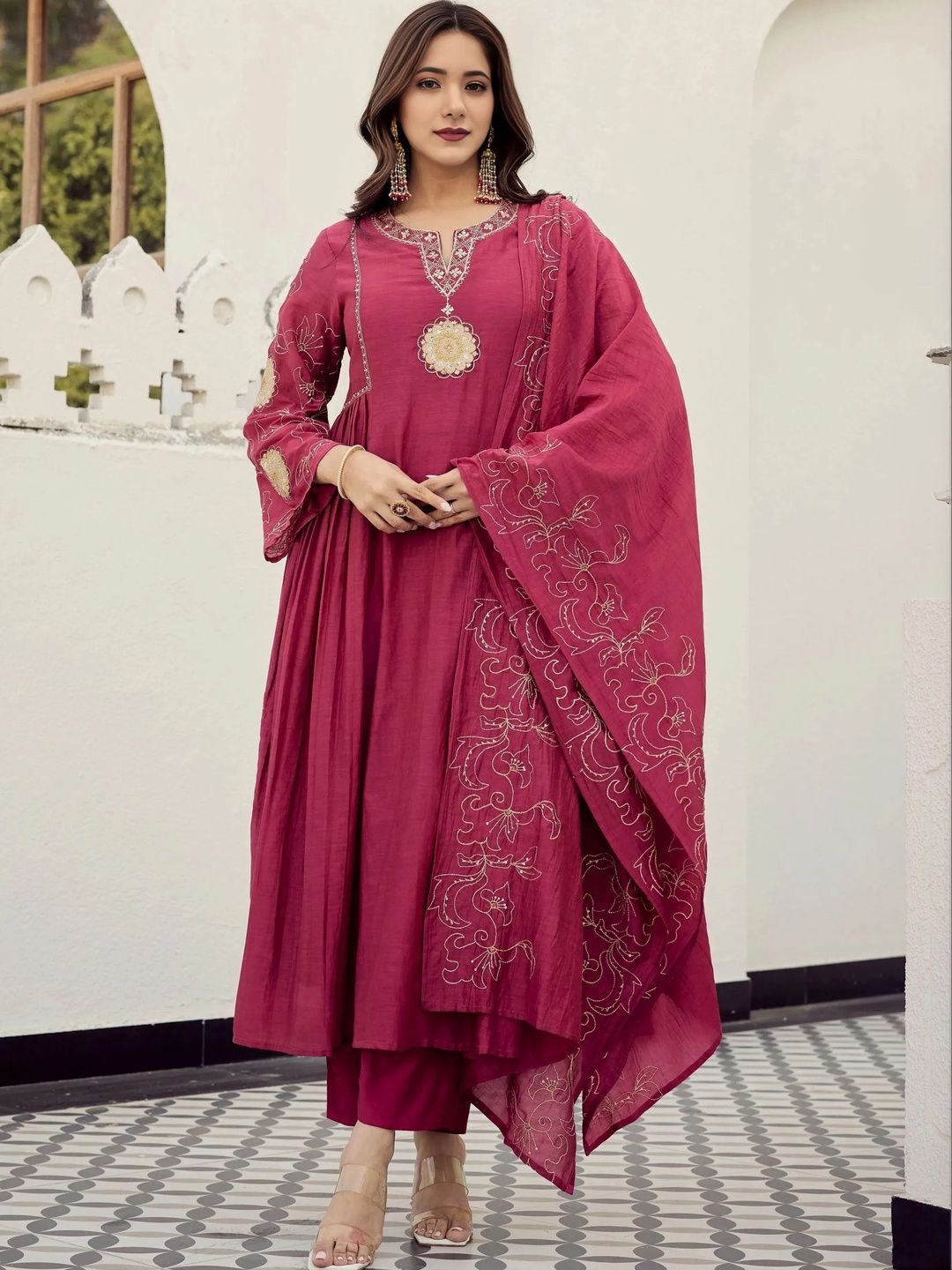 Women Ethnic Motifs Embroidered Regular Thread Work Kurta with Palazzos & With Dupatta