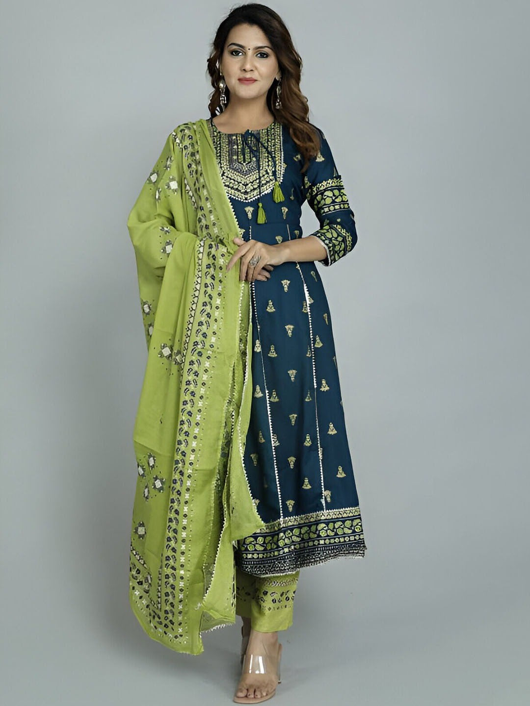 Ethnic Motifs Embroidered Empire Gotta Patti Anarkali Kurta With Trouser & Dupatta